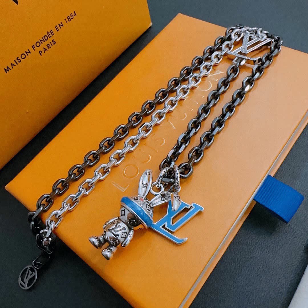 Louis Vuitton Silver Chain Necklace with LV Logo and Bunny Charm